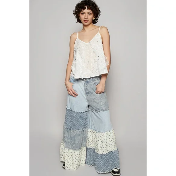 POL Patchwork Tiered Ruffle Exaggerated Wide Leg Jeans Relaxed Fit - Picture 9 of 9